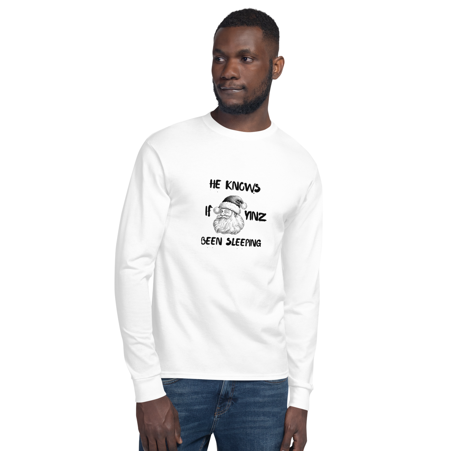 He Knows if Yinz Been Sleeping Pittsburgh 412 Men's Champion Long Sleeve Shirt