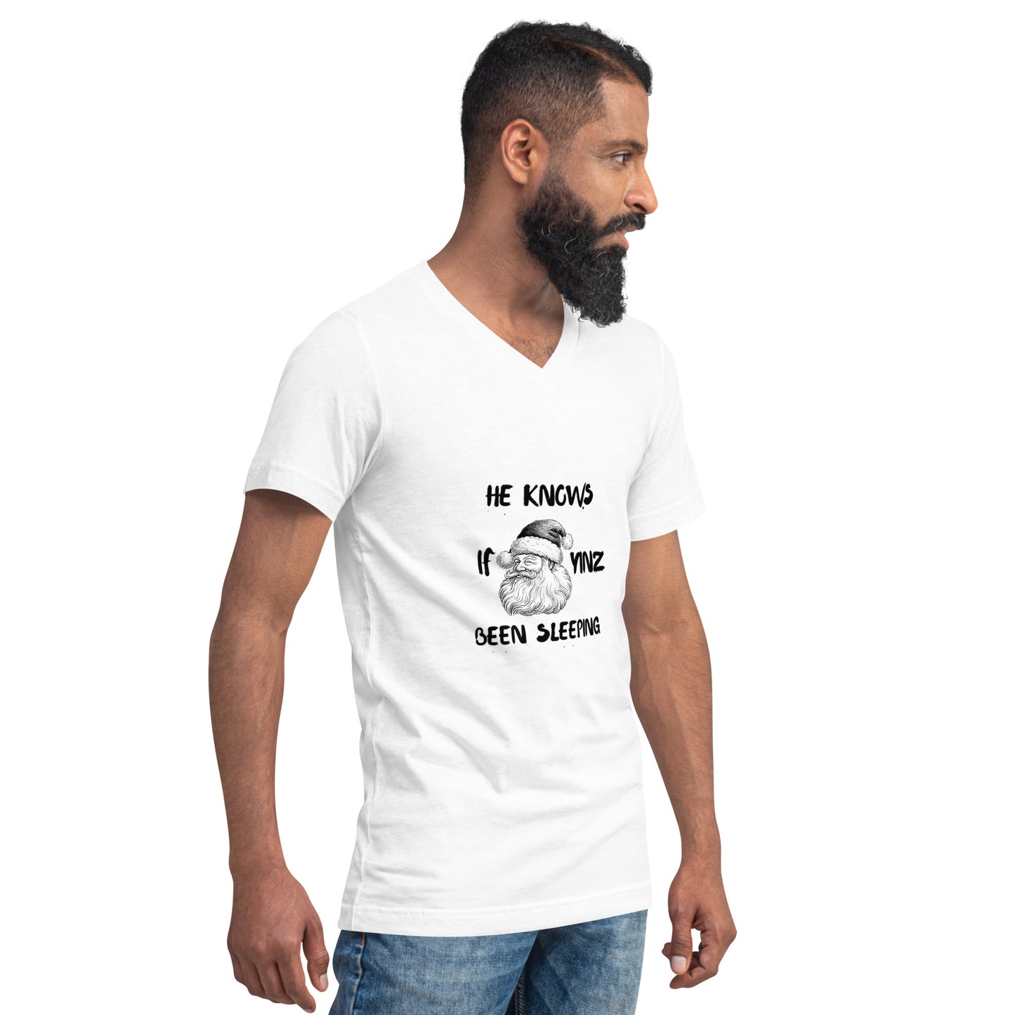 He Knows if Yinz Been Sleeping Unisex Short Sleeve V-Neck T-Shirt